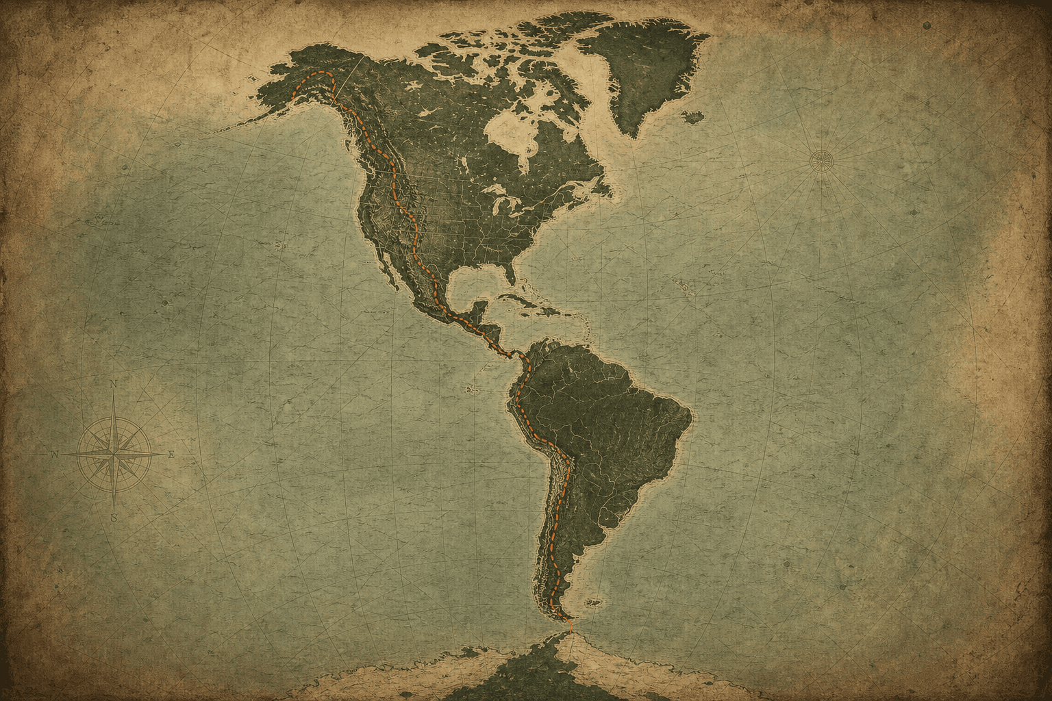 Map of the Americas, expedition route from Ushuaia to Alaska